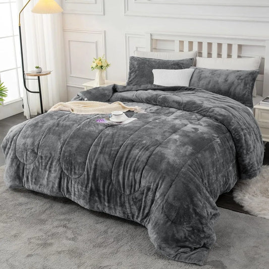 Faux Fur Comforter Set, Luxury Ultra Soft Fluffy Plush Velvet Bedding