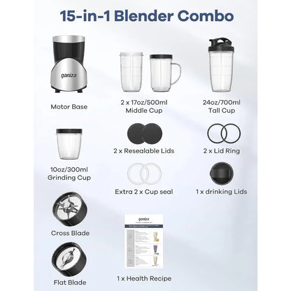 High Speed 900W Personal Blender Grinder Combo with 15 Pieces 4 Portable Cups Recipe