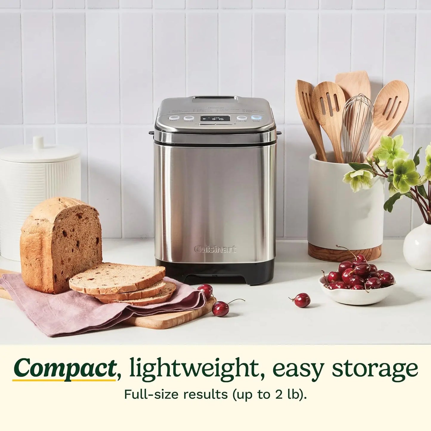Automatic Stainless Steel Bread Machine with 12 Menus, 3 Loaf Sizes up to 2 Lb., and Removable Nonstick Pan