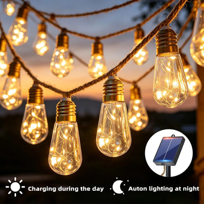 1pack solar retro hemp rope string light, 38.1/18.1FT outdoor string light, 10 modes, automatic switch