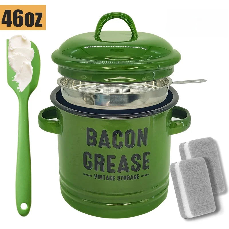 46 Oz Grease Container with Filter, Scraper, Strainer & Silicone Spatula, Dishwasher Safe
