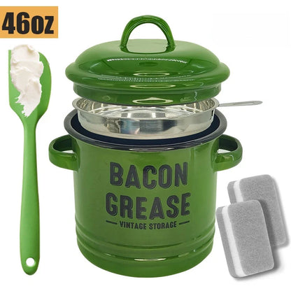 46 Oz Grease Container with Filter, Scraper, Strainer & Silicone Spatula, Dishwasher Safe
