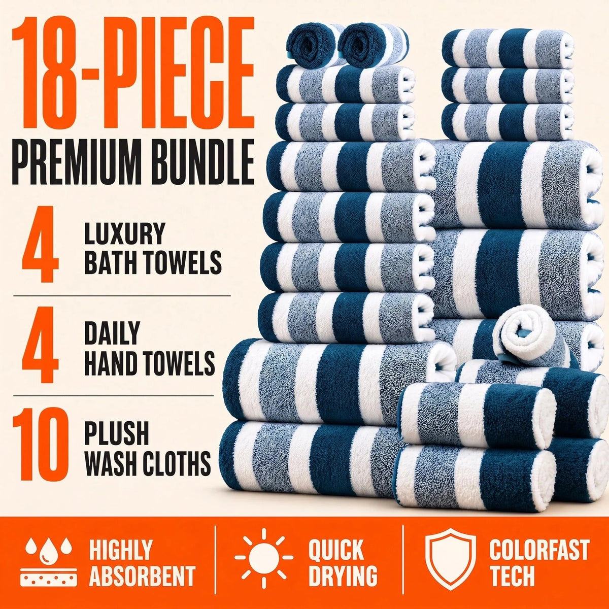 18pcs Luxury Bath Towels Set - Quick-Dry Highly Absorbent Plush Soft Coral Fleece-like Texture, Multi-Size Family Bathroom Towels with Hanging Loops (30x30cm, 70x140cm) for Home, Hotel & Spa - Navy & Striped Design