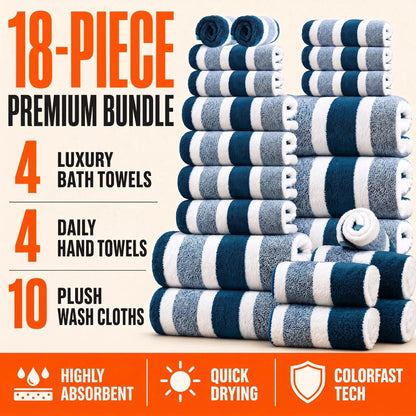 18pcs Luxury Bath Towels Set - Quick-Dry Highly Absorbent Plush Soft Coral Fleece-like Texture, Multi-Size Family Bathroom Towels with Hanging Loops (30x30cm, 70x140cm) for Home, Hotel & Spa - Navy & Striped Design