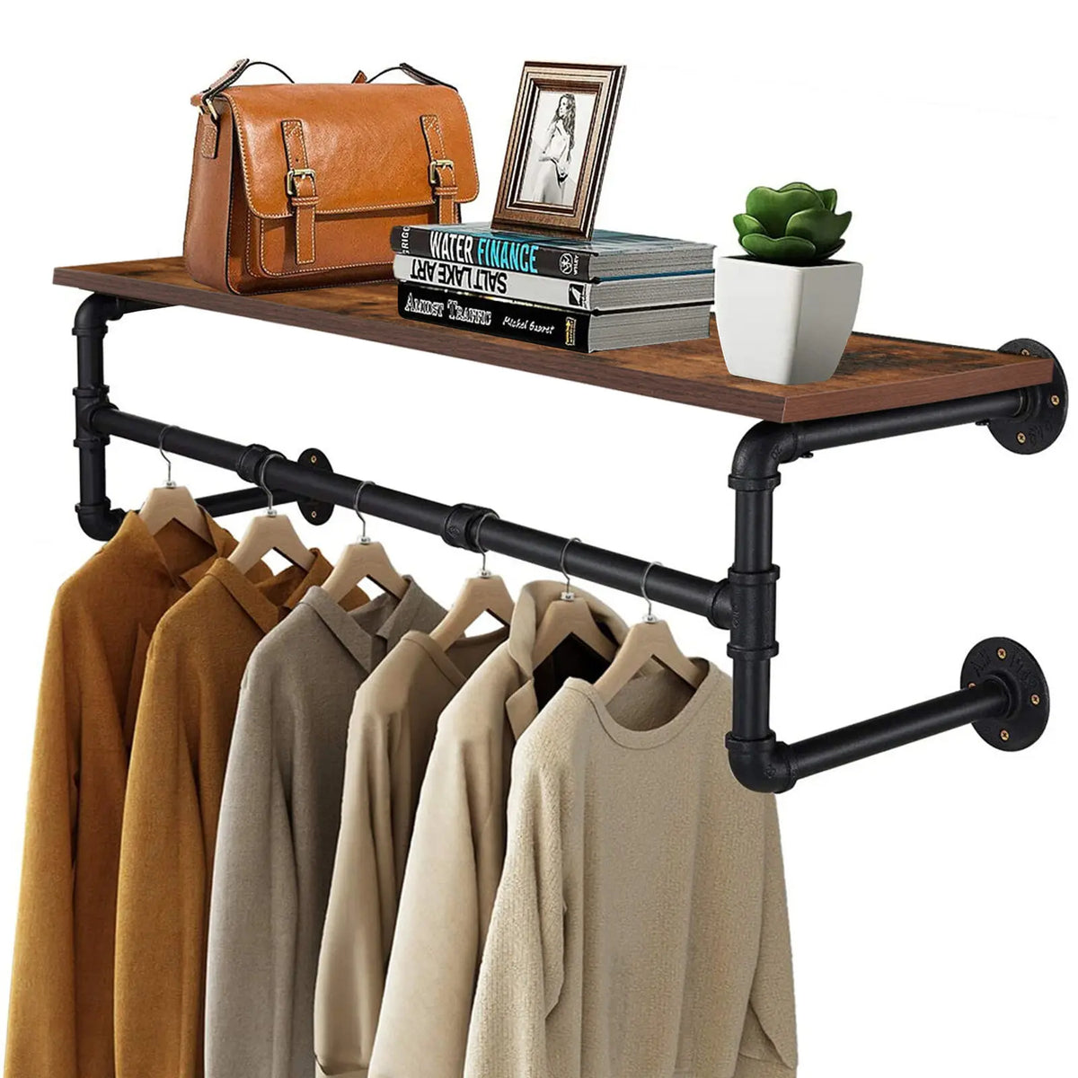 Industrial Pipe Clothing Rack, Wall Mounted Wood Shelf, Pipe Shelving