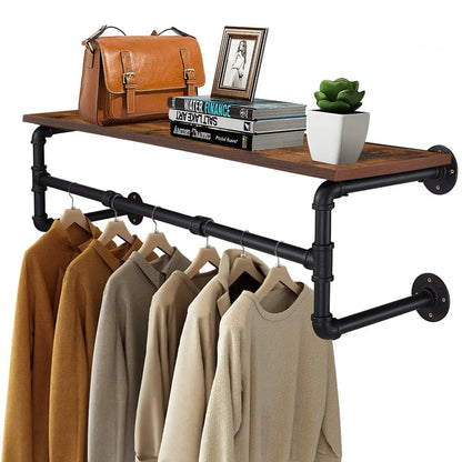 Industrial Pipe Clothing Rack, Wall Mounted Wood Shelf, Pipe Shelving
