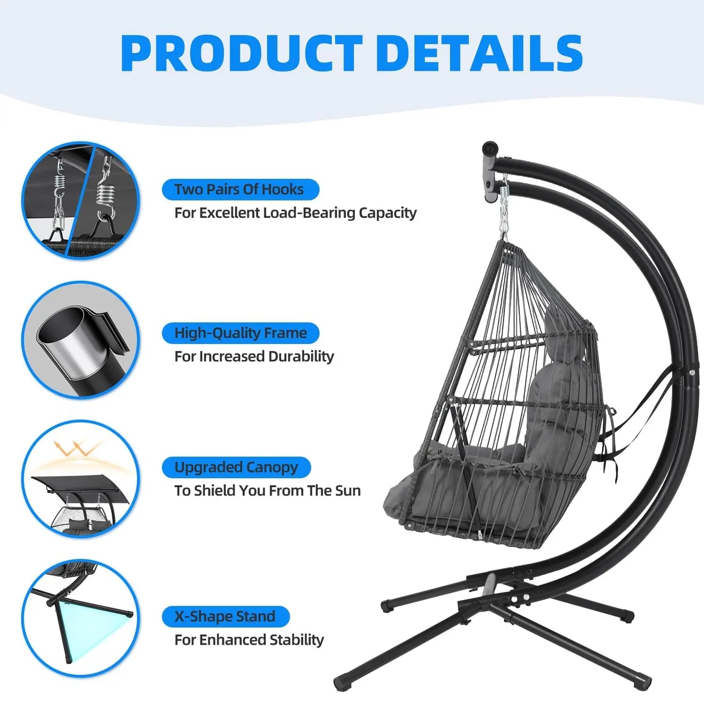 Oversized Double Hanging Swing Chair with Removable & Adjustable Canopy, Double Egg Chair