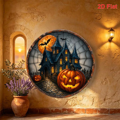2D,8inch,Halloween Pumpkin, Haunted House, And Bat Patterned Metal Aluminum Sign Circular