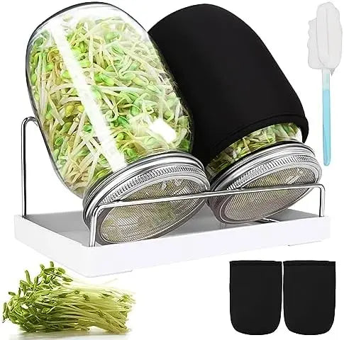 Sprouting Jar Kit 32 Oz – 2 Mason Jars with Lids, Sleeves, Tray & Brush