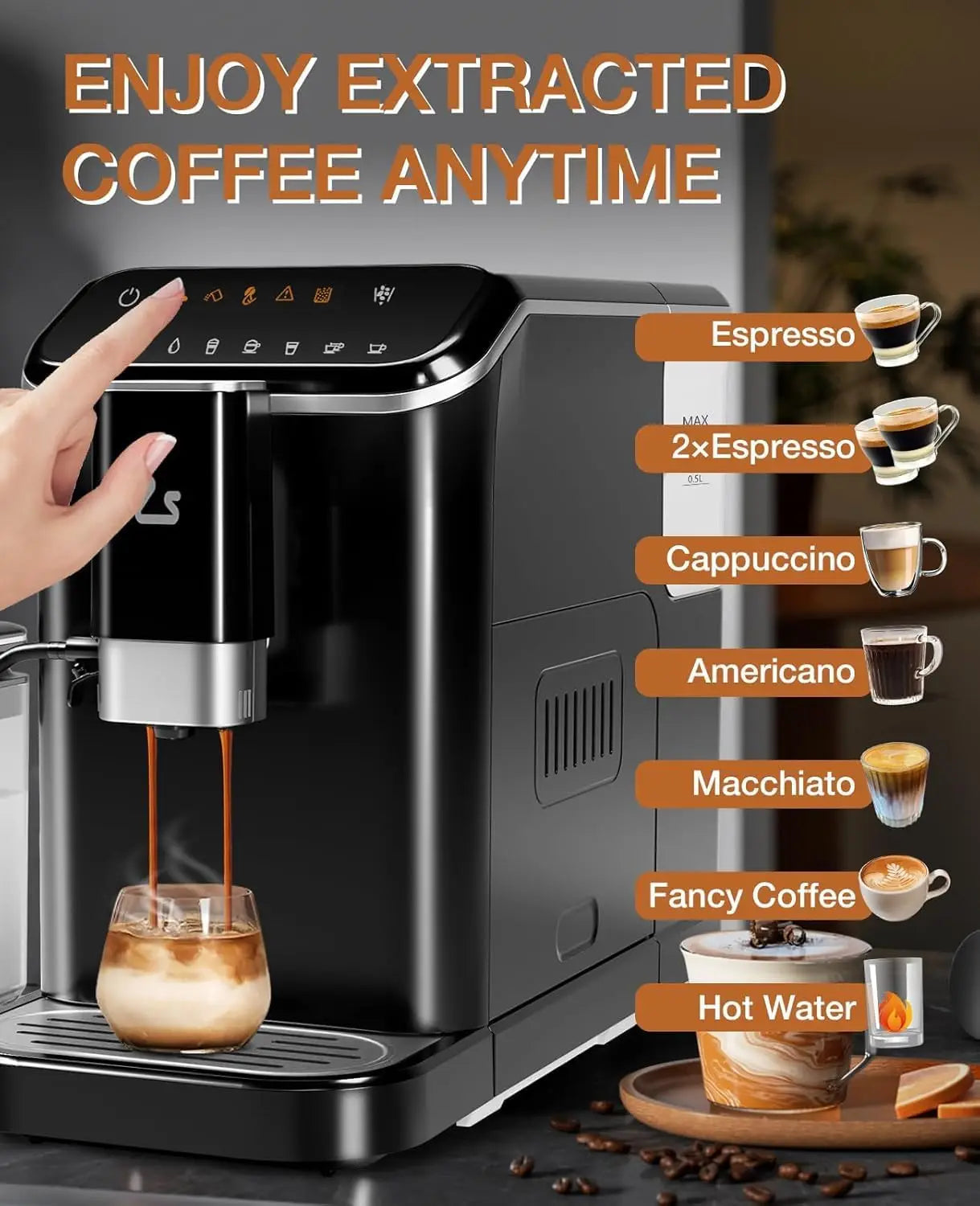 Fully Automatic Espresso Coffee Machine with Grinder,Auto Milk Frother, Auto-Cleaning for Latte/Cappuccino
