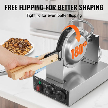 Commercial Egg Bubble Waffle Maker -1400W Non-Stick Stainless Steel w/180° Rotatable Device, 2 Pans & Wooden Handles