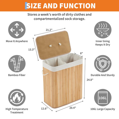 Bamboo Laundry Hamper, Large 106L with Removable 4-Section Liner, Foldable