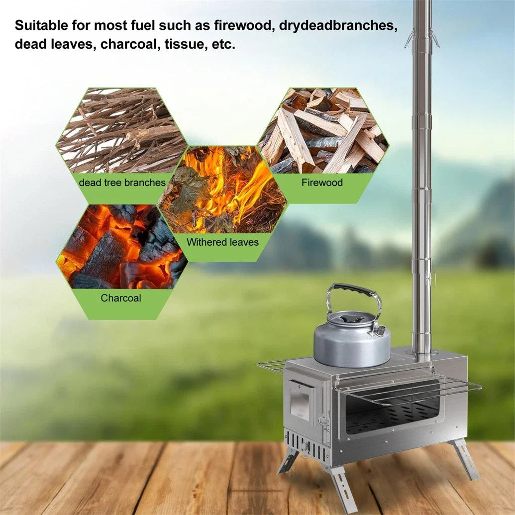 Hot Tent  Wood Burning Stove, Portable with 6 Stainless Chimney Pipes for Outdoor Heating & Cooking