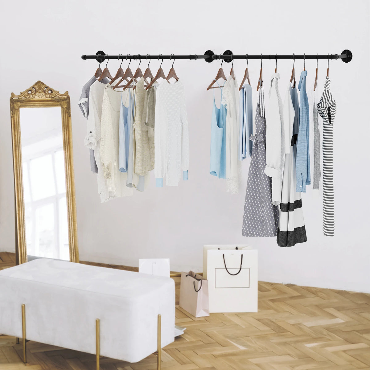 Pack Of 2 Industrial Pipe Clothes Rail Rack, Wall-mounted Garment Pipe Rack, Iron Closet Organizer