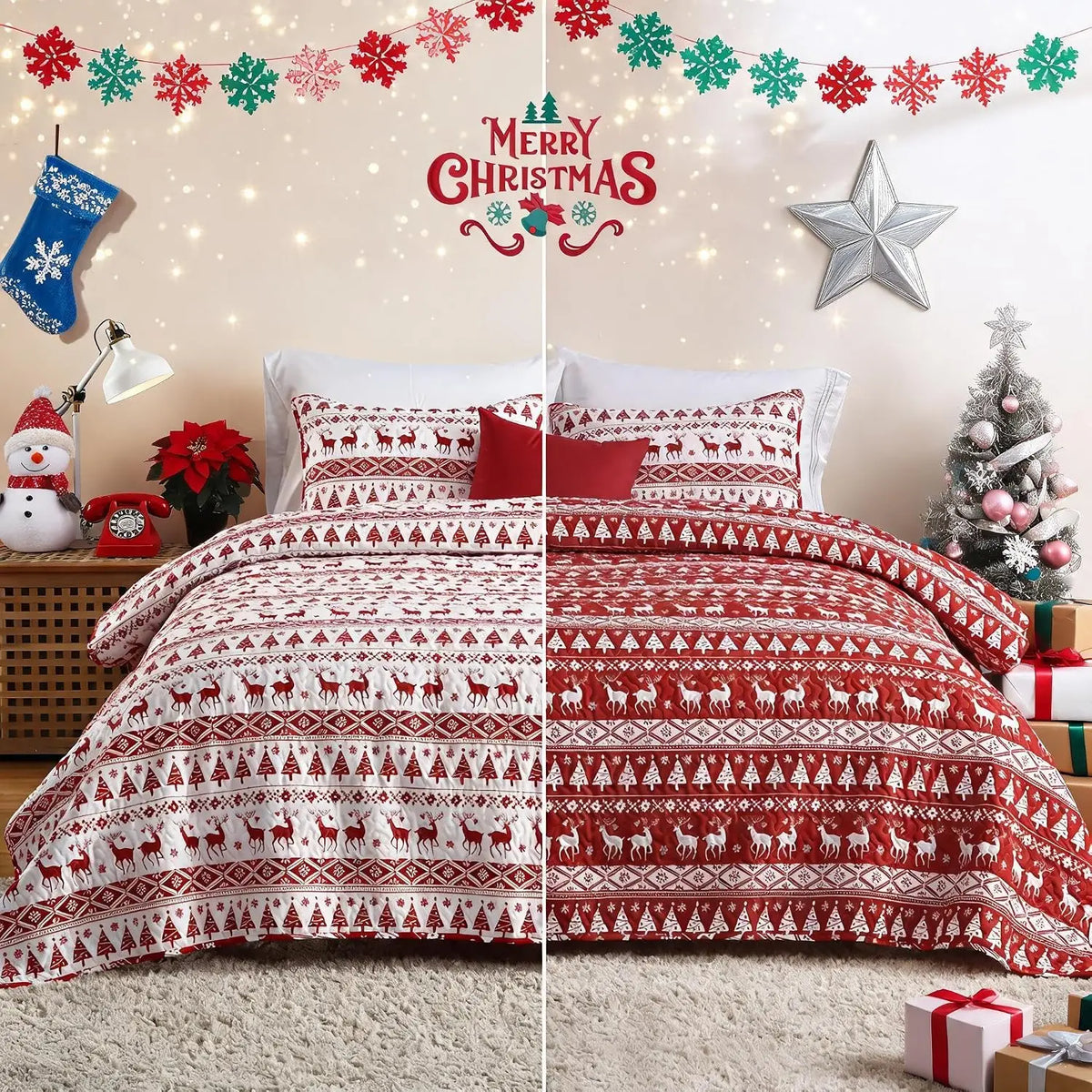 3PCS Christmas Quilt Set King/Queen Size Quilt Set, Winter Blanket, Soft Warm Snowflake Fleece