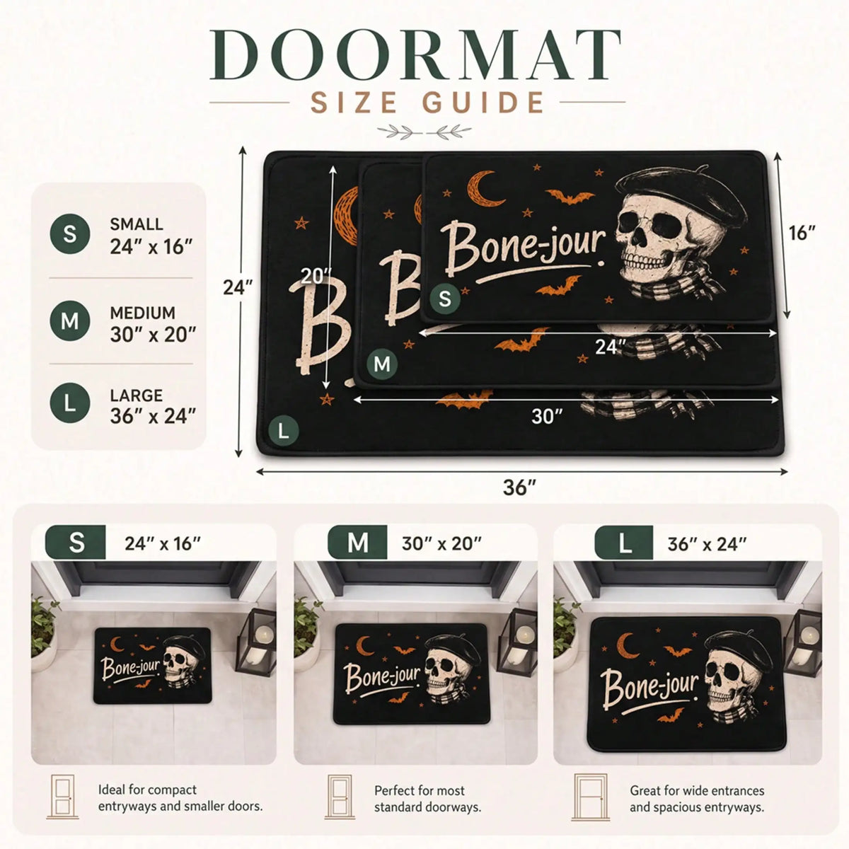 Flannel Halloween Doormat, Non‑Slip Absorbent Entryway Rug, Funny Skeleton Skull Gothic and Bat Floor Mat, Spooky Fall Outdoor Decor