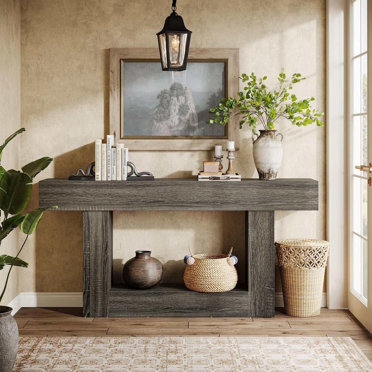63" Console Table, Farmhouse 2-Tier Entryway Table with U-Shaped Base, Narrow Long Wood Sofa Table, Behind Couch Table