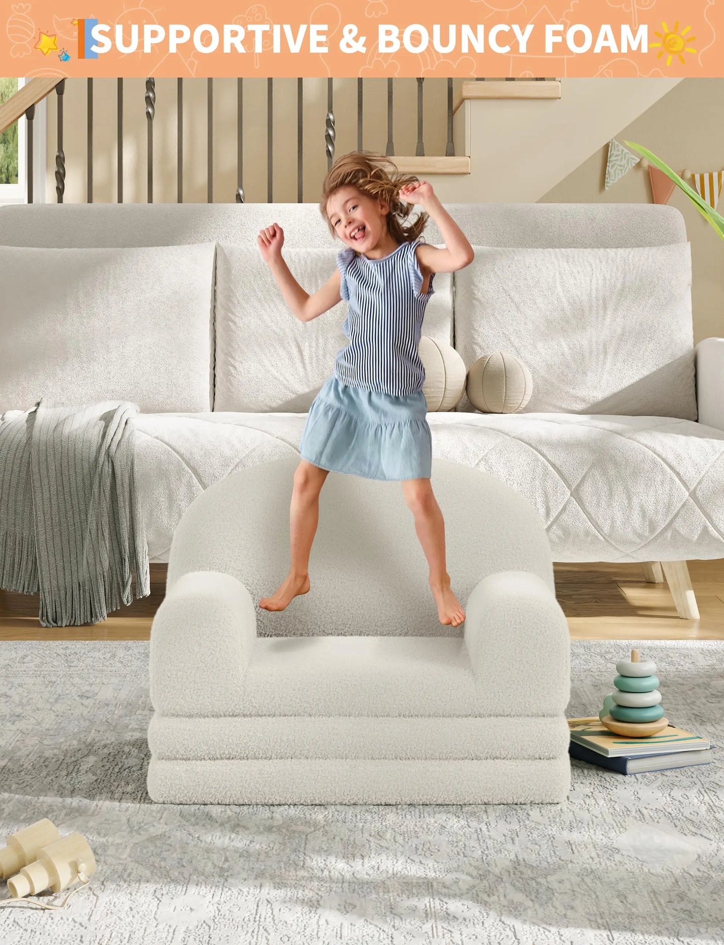 2 In 1 Kids Armchair And Folding Foam Bed, Soft Sherpa Fabric, Ideal For Playroom, Kids' Bedroom