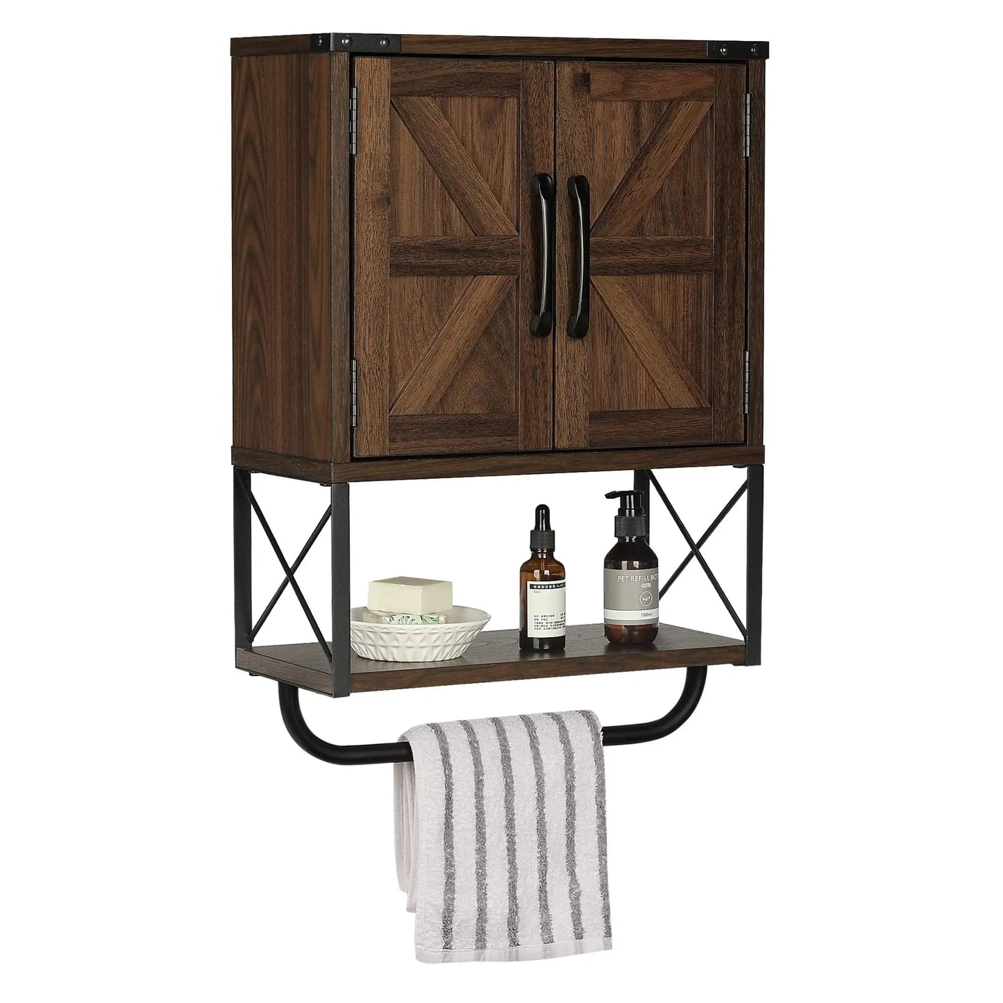 Farmhouse Rustic Medicine Cabinet With Two Barn Doors,Wood, Wall Mounted With Adjustable Shelf And Towel Bar