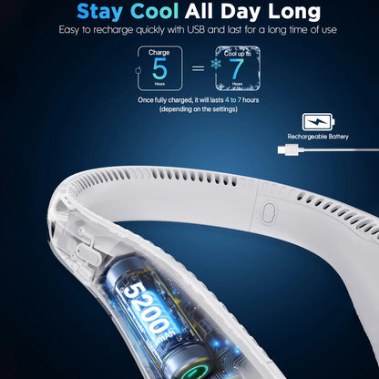 Portable Neck Fan, Rechargeable Bladeless and Wearable with 4 Speeds, 66 Vents