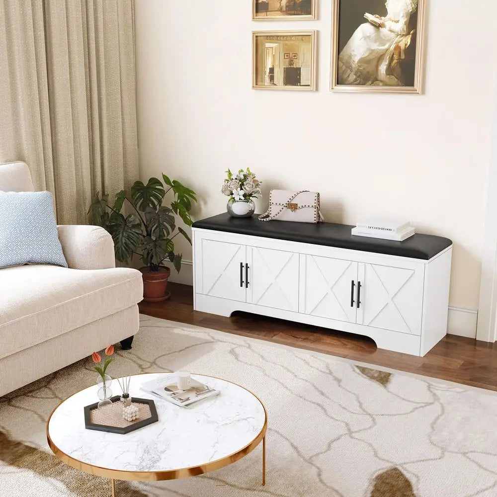 Farmhouse Storage Bench with Lift Top Storage, 47.2 Entryway Bench with Cushioned Seat, End of Bed Bench, Wooden Storage Chest