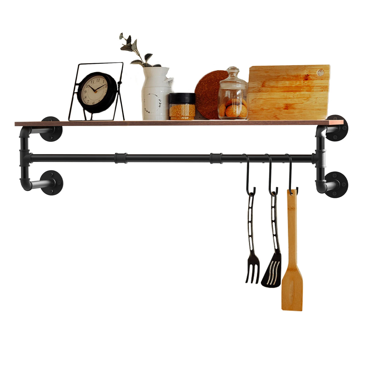 Industrial Pipe Clothing Rack, Wall Mounted Wood Shelf, Pipe Shelving