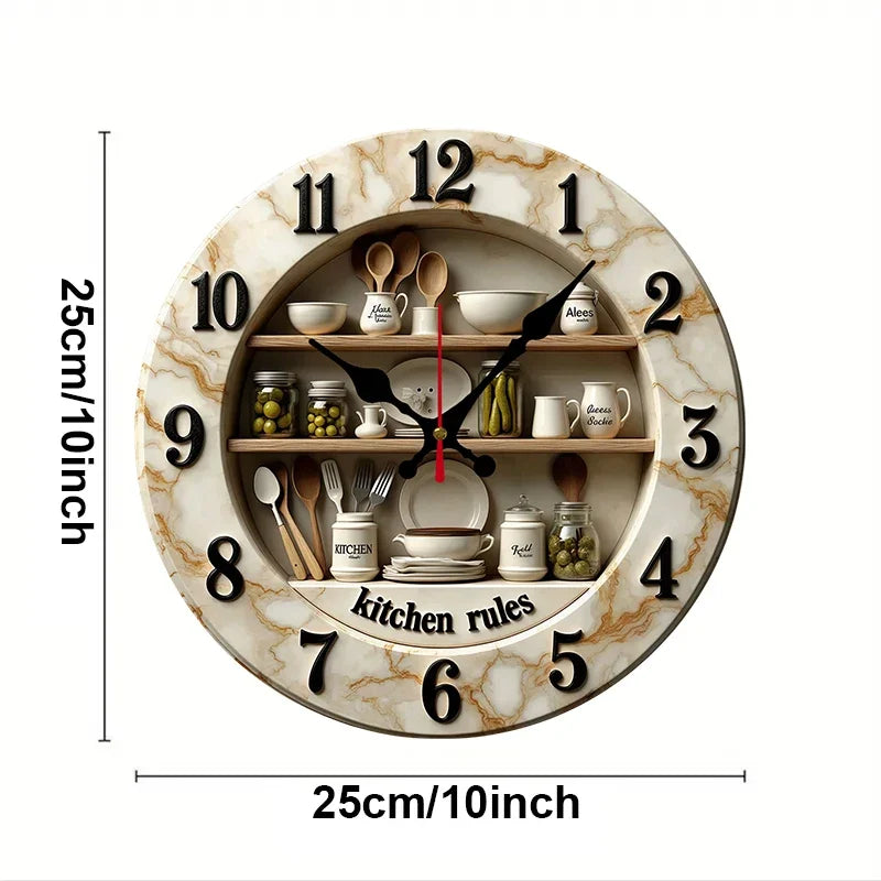 2D Flat Kitchen Rules Design, Wooden Round Silent Hanging Wall Clock,For Living Room,Office,Study Room,Bedroom, Home Decoration