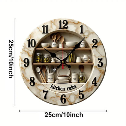 2D Flat Kitchen Rules Design, Wooden Round Silent Hanging Wall Clock,For Living Room,Office,Study Room,Bedroom, Home Decoration