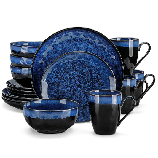 16/32-Piece Starry Blue Dinner Set, Kiln Glaze Tableware Dinner Set with Dinner Plate, Dessert Plate, Bowl
