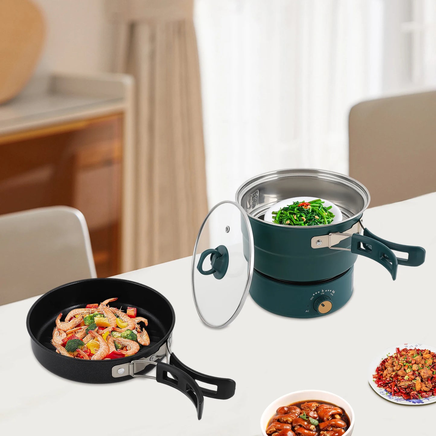 Portable Mini Electric Hot Pot w/Foldable Handles and Power Adjustment