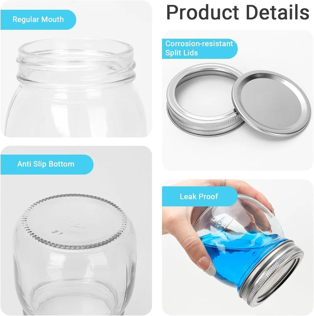 10 oz Glass Mason Jars, 24 Pack Regular Mouth with Silver Lids & Bands