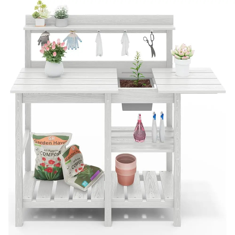 Portable Outdoor Garden Workbench with Detachable Sink, Weather-Resistant HDPE Table- White