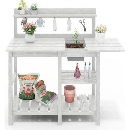 Portable Outdoor Garden Workbench with Detachable Sink, Weather-Resistant HDPE Table- White
