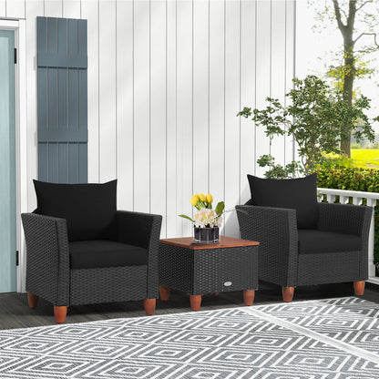 3PCS Patio Rattan Furniture Set, Cushioned Sofa, Storage Table with Wood Top, Black