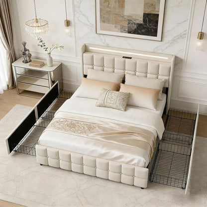 Double Bed 160x200cm with storage, Padded with Slatted Base, USB Ports, RGB Lights, Ideal for Teens