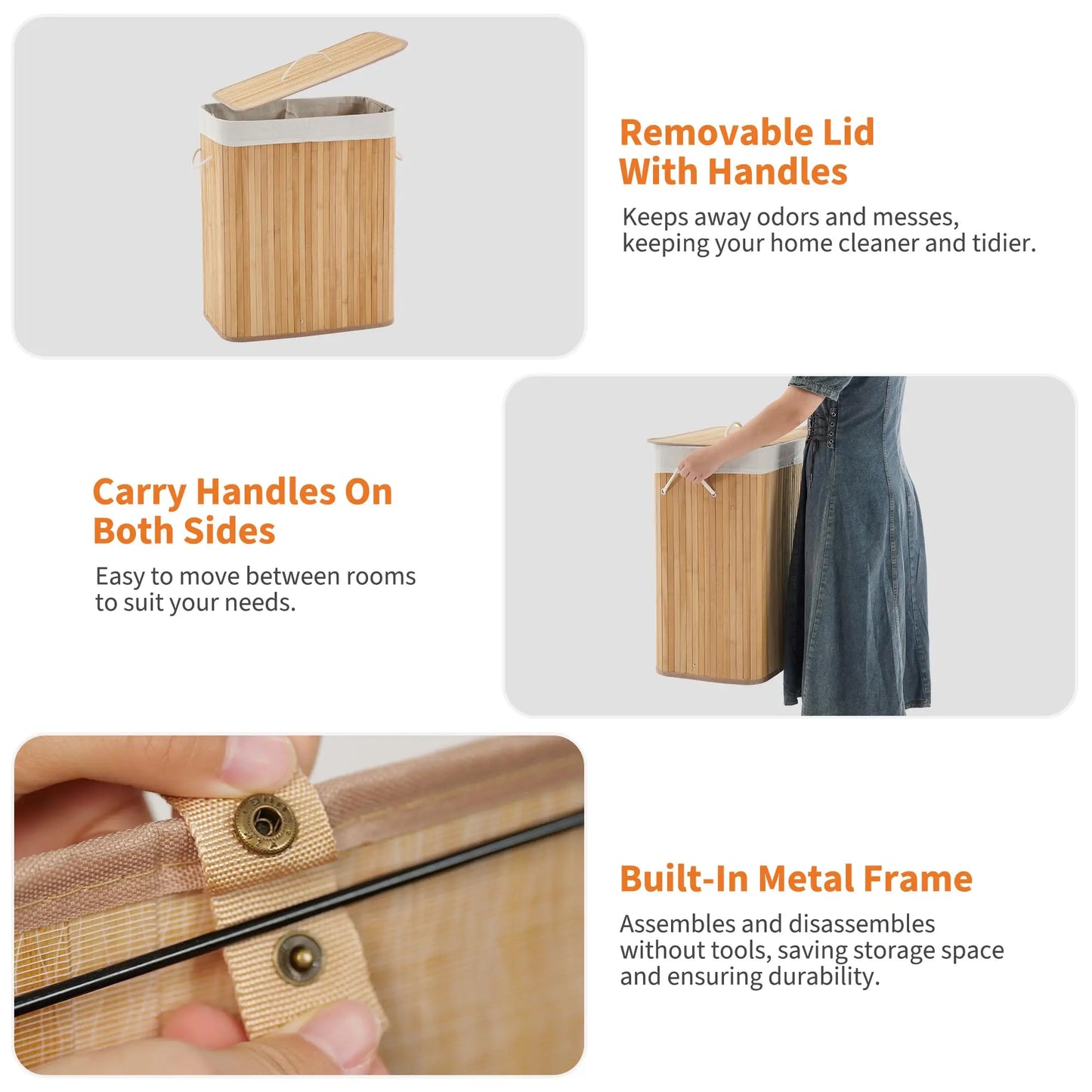 Bamboo Laundry Hamper, Large 106L with Removable 4-Section Liner, Foldable