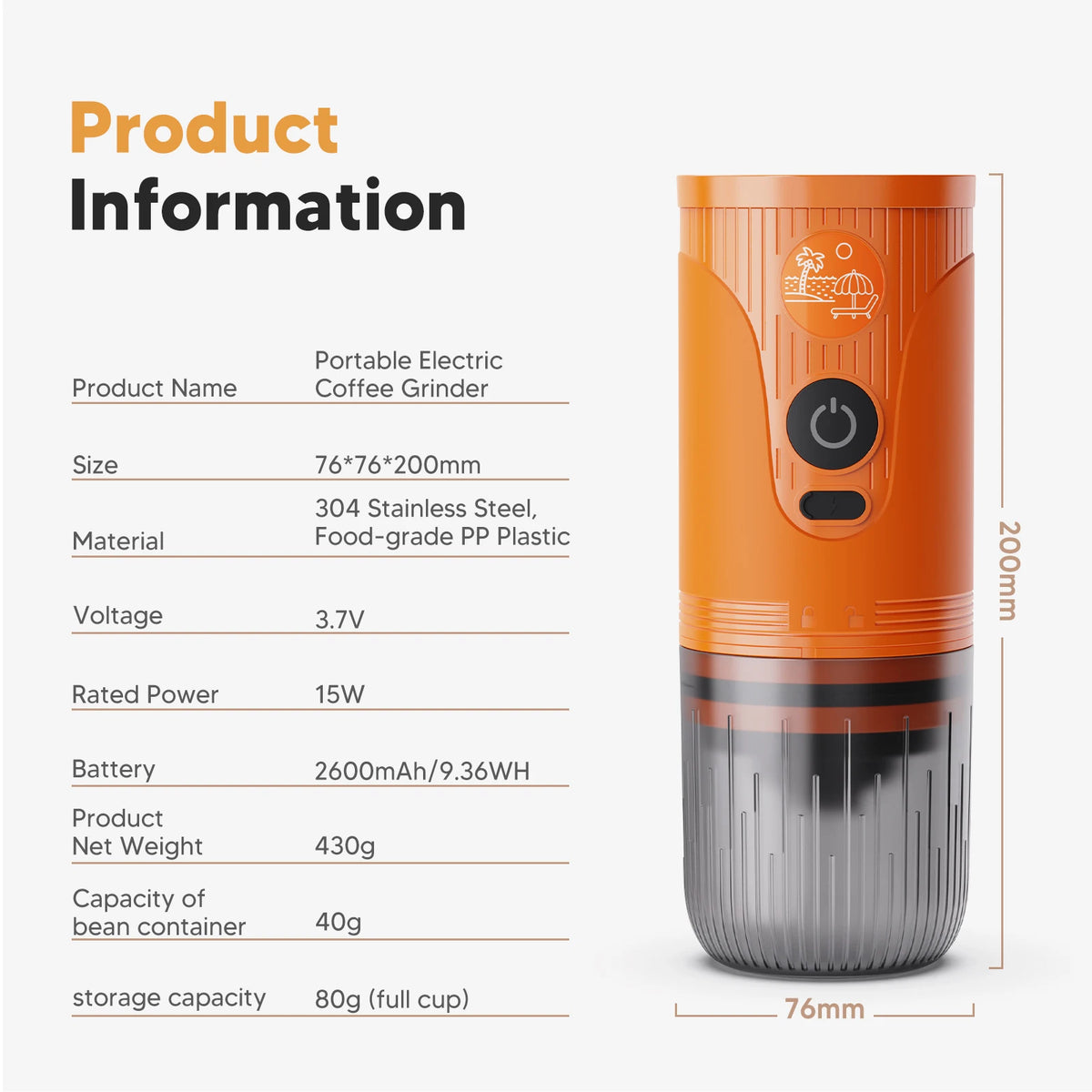 Portable Electric Coffee Bean Grinder, Ceramic Core, Adjustable and Rechargeable