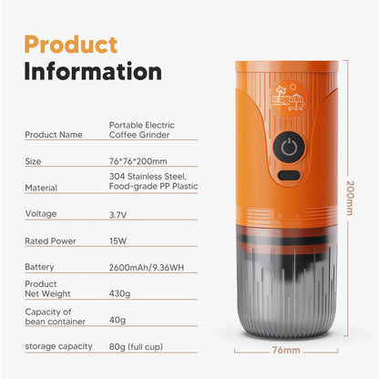 Portable Electric Coffee Bean Grinder, Ceramic Core, Adjustable and Rechargeable