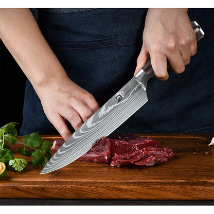 8PCS Damascus Stainless Steel Kitchen Knife Set, Super Sharp Japanese Style Chef Santoku Cleaver, Slicing Boning Utility Paring Knives Complete Cooking Cutlery Kit with Portable Protective Nylon Carry Bag for Home Kitchen Che