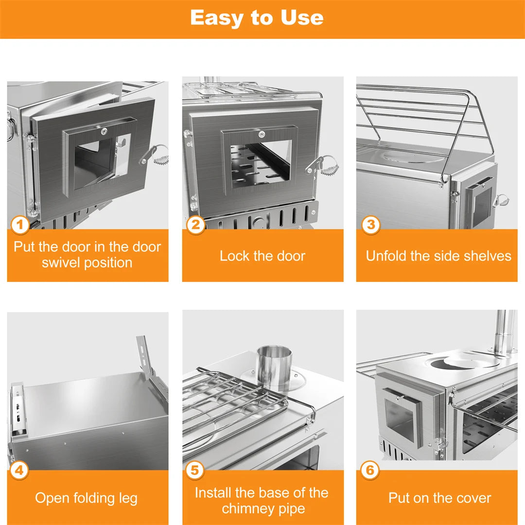 Hot Tent  Wood Burning Stove, Portable with 6 Stainless Chimney Pipes for Outdoor Heating & Cooking