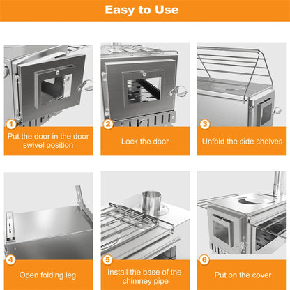 Hot Tent  Wood Burning Stove, Portable with 6 Stainless Chimney Pipes for Outdoor Heating & Cooking
