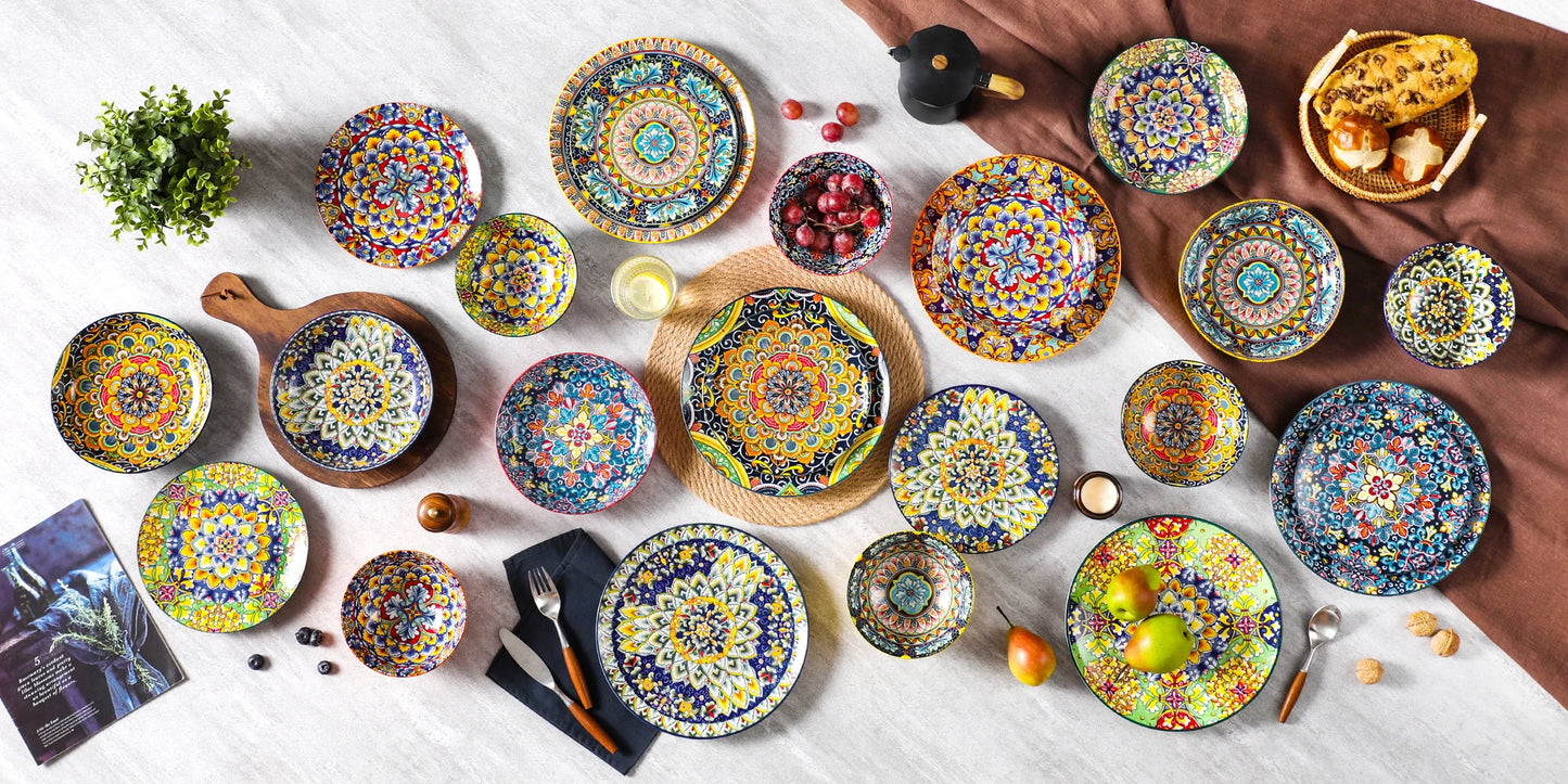 24 PCS Ceramic Dinnerware Set, Porcelain Bohemian Style with Dinner/Dessert Plate/Cereal/Pasta Bowl For 6