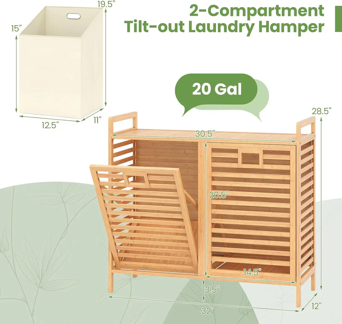 Tilt Out Bamboo Laundry Hamper w/Removable & Foldable Fabric Bins | 20 Gal Storage Cabinet with Top Shelf