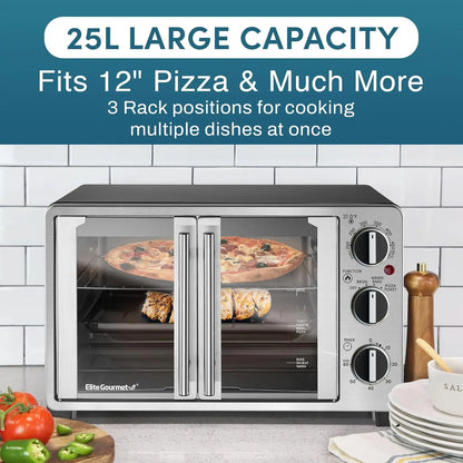 Double French Door Toaster Oven with 25L Capacity, Bakes, Broils, Toasts, Keeps Warm, Fits 12" Pizza in Stainless Steel & Black