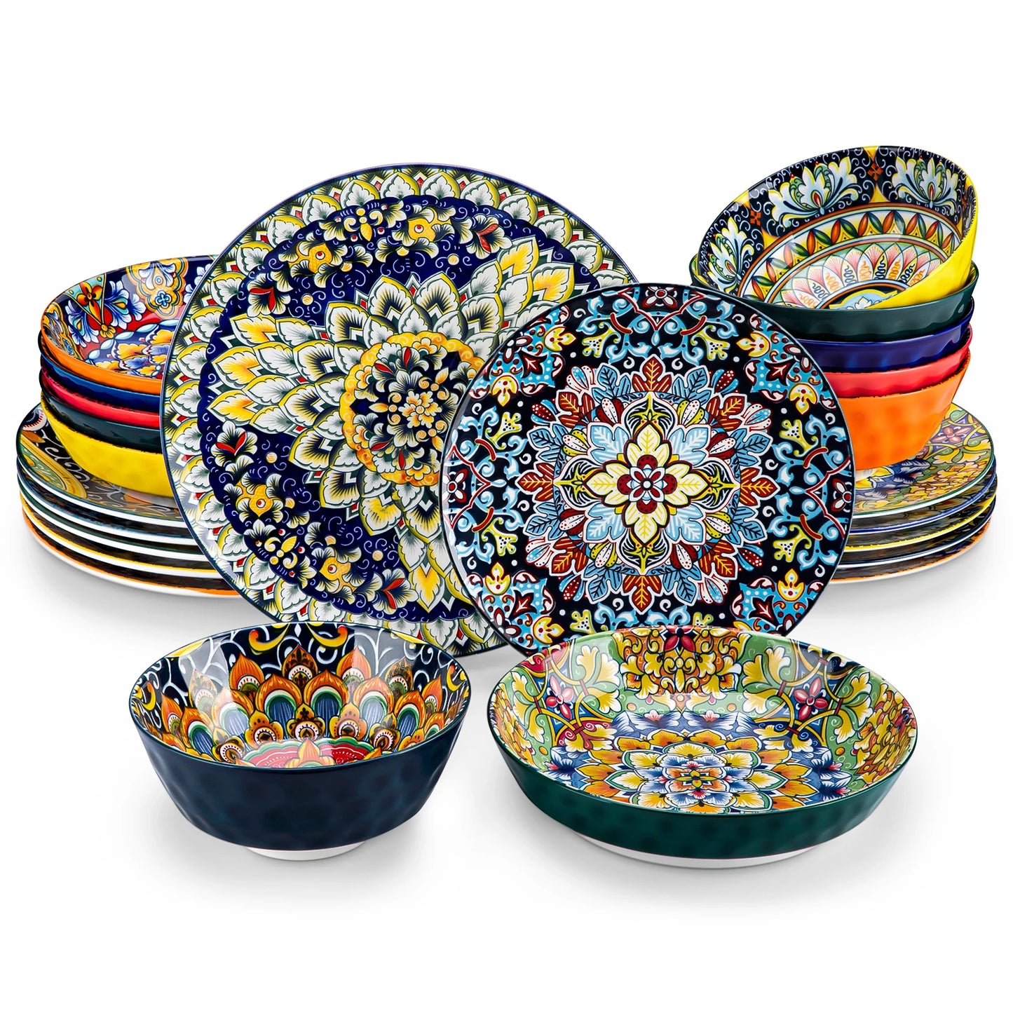 12/16/18/24 Piece Ceramic Dinnerware Set, Stoneware Bohemian Style