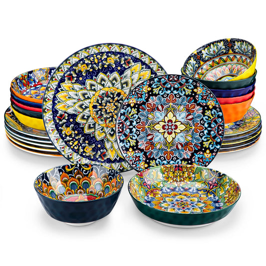 12/16/18/24 Piece Ceramic Dinnerware Set, Stoneware Bohemian Style