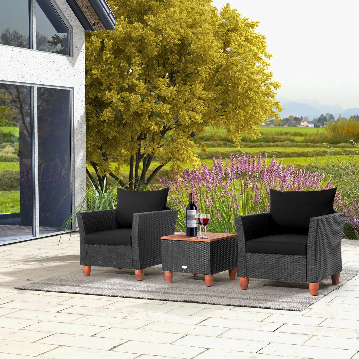 3PCS Patio Rattan Furniture Set, Cushioned Sofa, Storage Table with Wood Top, Black