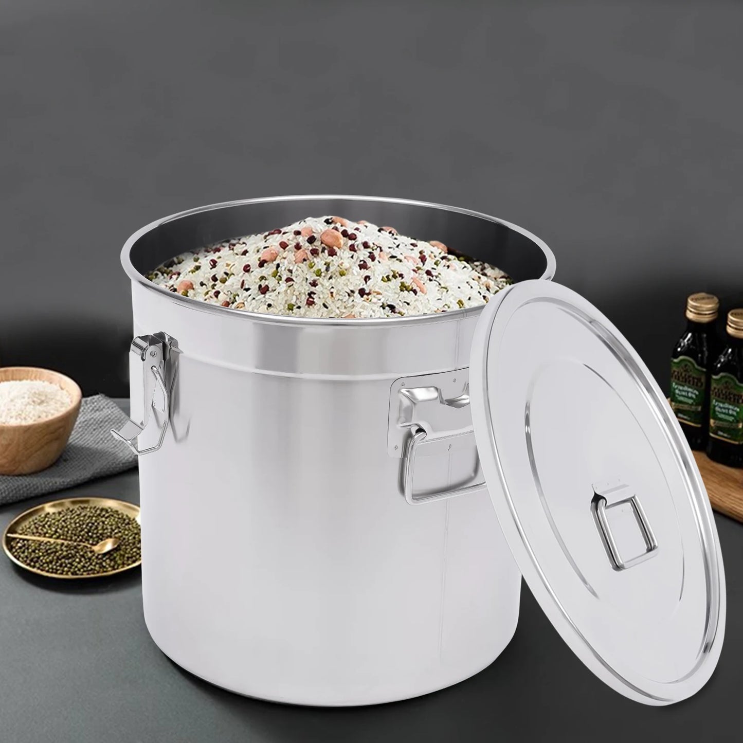 12/33L Airtight Canister 304 Stainless Steel, 3.2Gal Canisters Container w/Lids and Sturdy Locking Clamp
