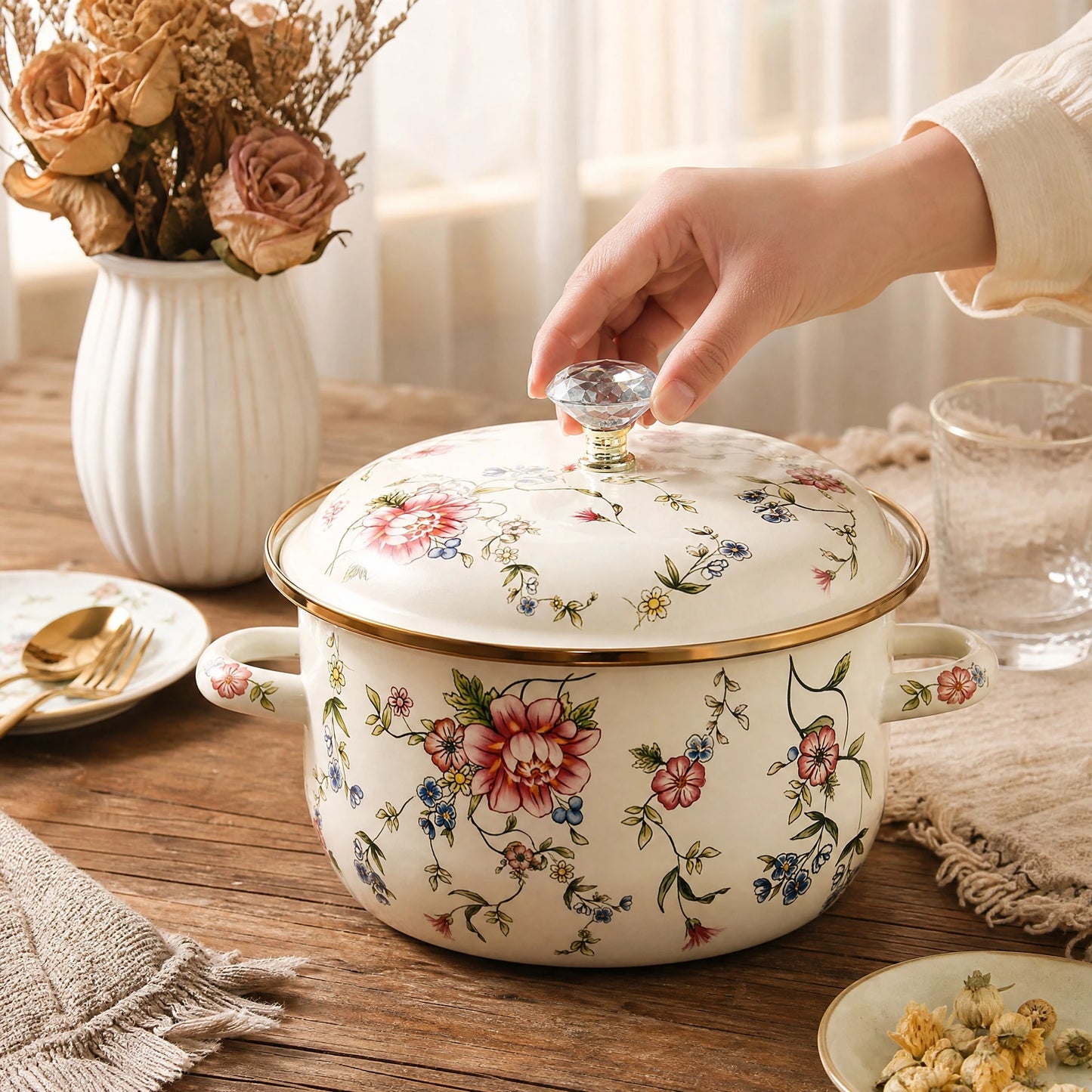 4.5 Quart Enamel Pot with Lid, Vintage Cooking Pot for Soup Stew Pasta, Dual Handle