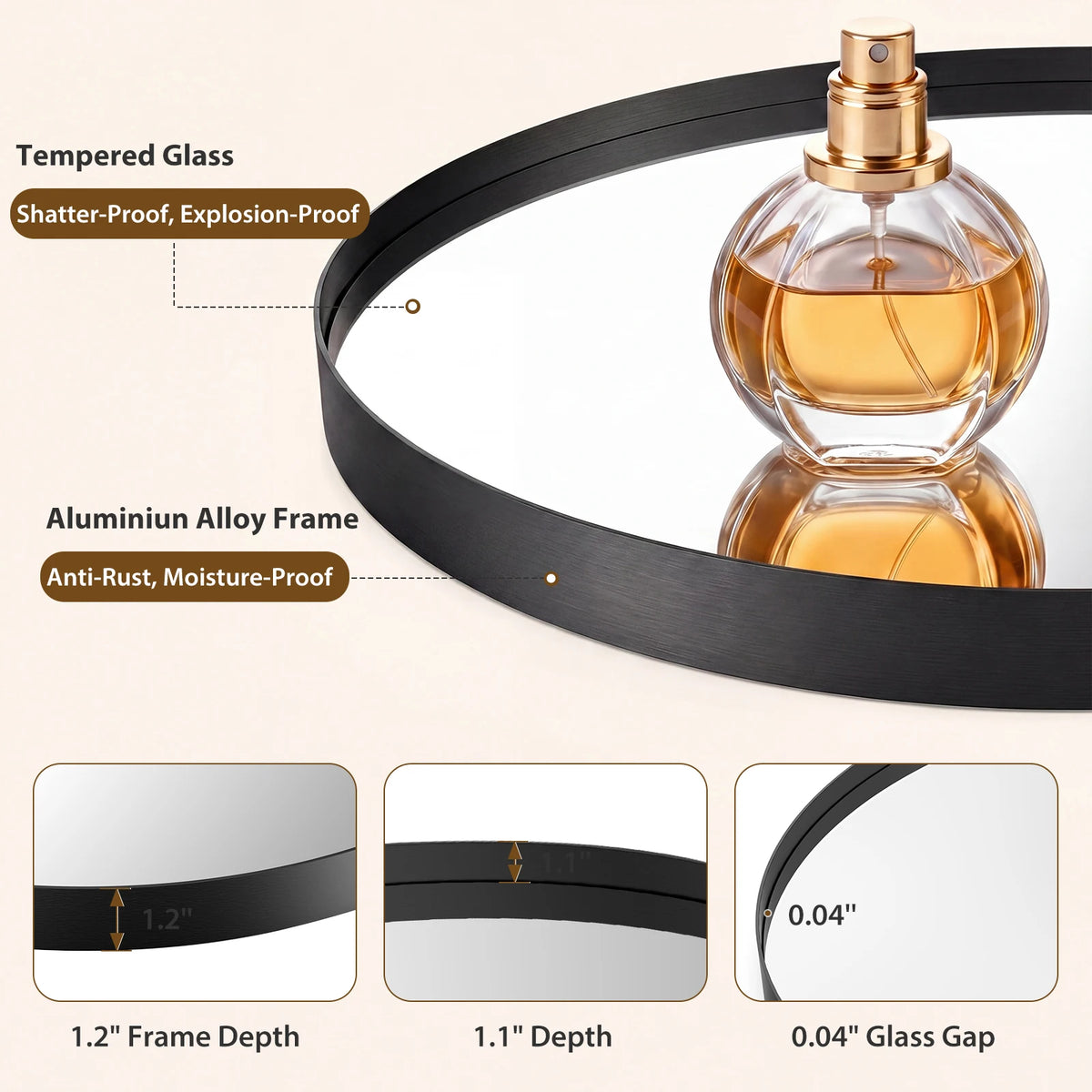 Groove Gold Round Vanity Framed Mirror for Wall, Bathroom Mirror for Over Sink with Matte Metal Frame, Wall Mount
